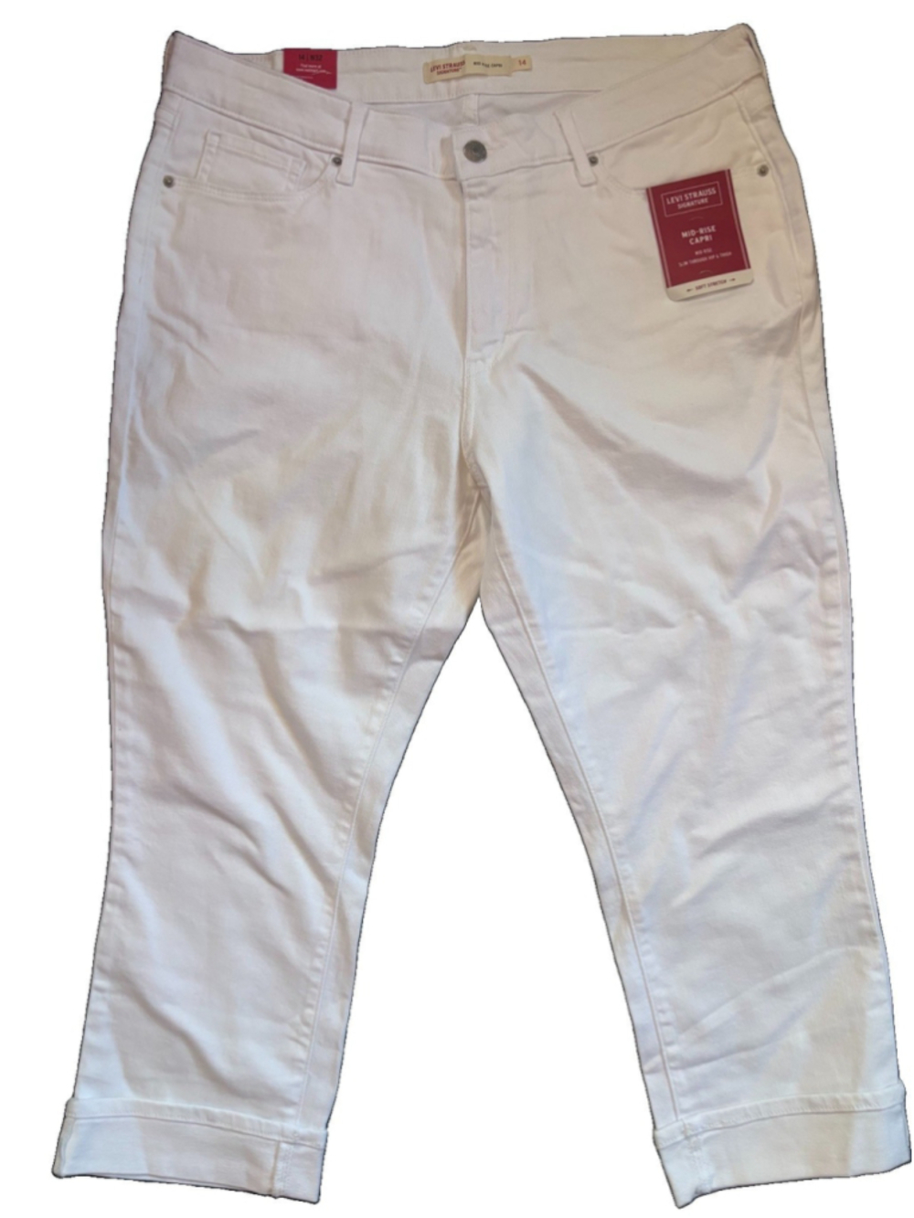 Levi Signature Mid-Rise White Capri Jeans Soft Stretch Denim Cuffed 14 32W NWT